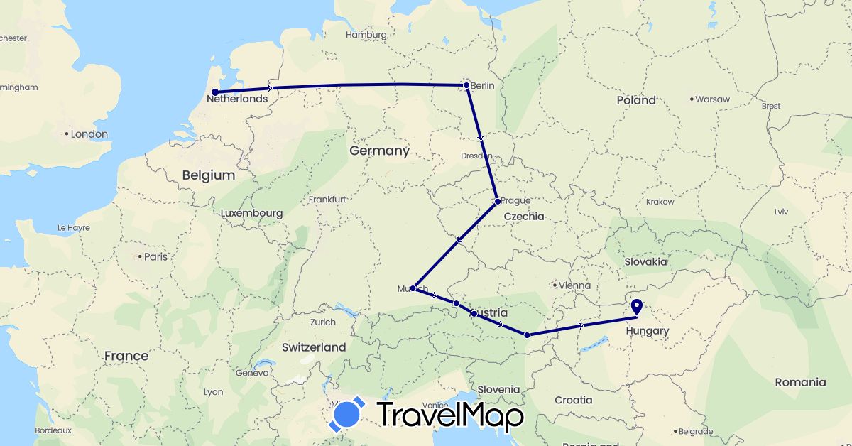 TravelMap itinerary: driving in Austria, Czech Republic, Germany, Hungary, Netherlands (Europe)